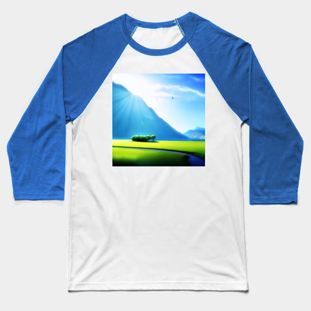 Summer Sun in the Hidden Mountain Valley Digital Art (MD23SMR012) Baseball T-Shirt by Maikell Designs